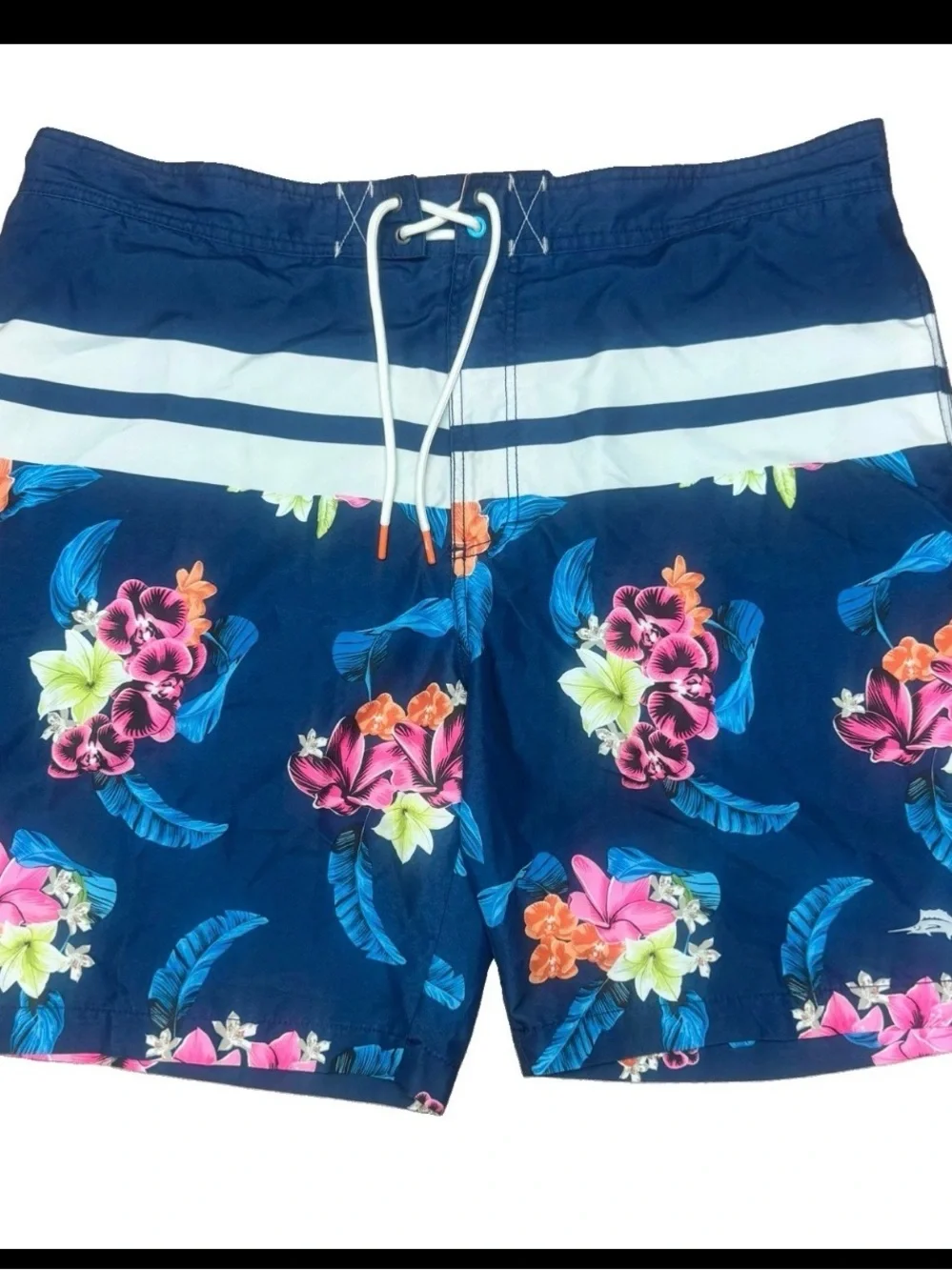 Tommy Bahama Navy Floral Board Shorts with White Waist Stripes